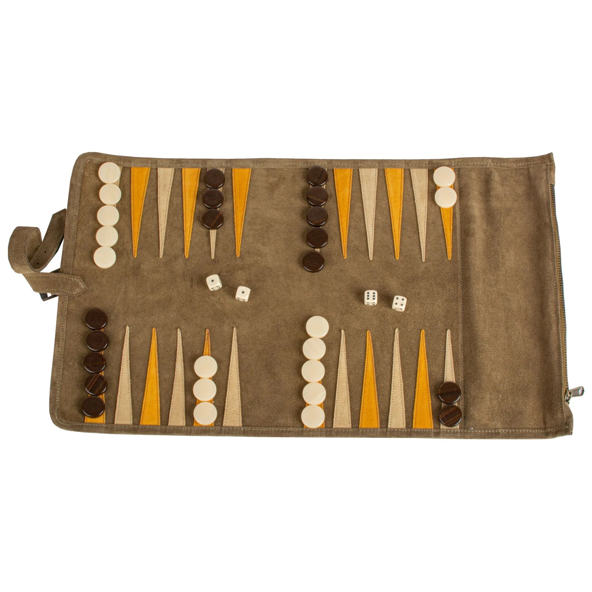 PREMIUM HANDCRAFTED KHAKI SUEDE ROLL-UP BACKGAMMON SET