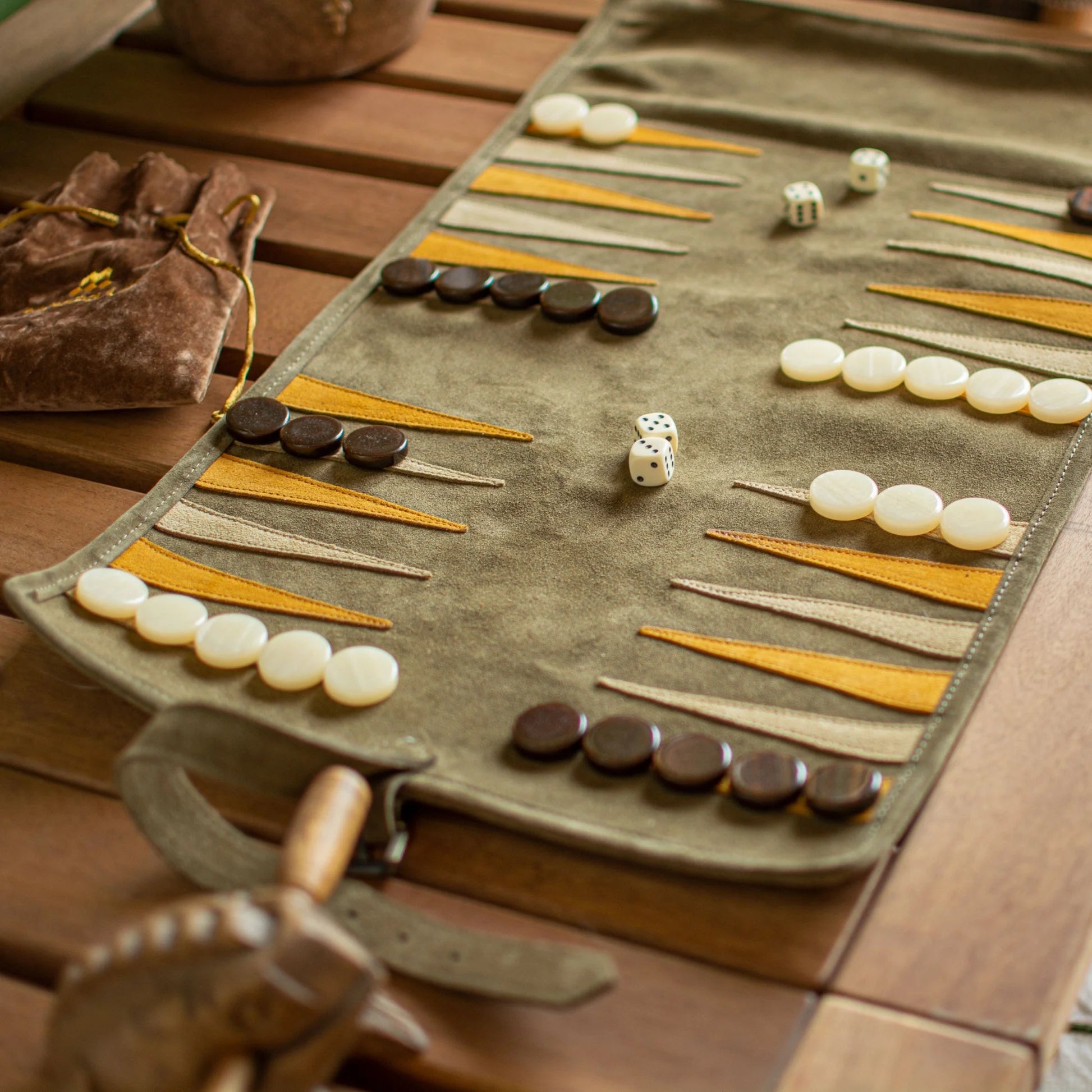 PREMIUM HANDCRAFTED KHAKI SUEDE ROLL-UP BACKGAMMON SET