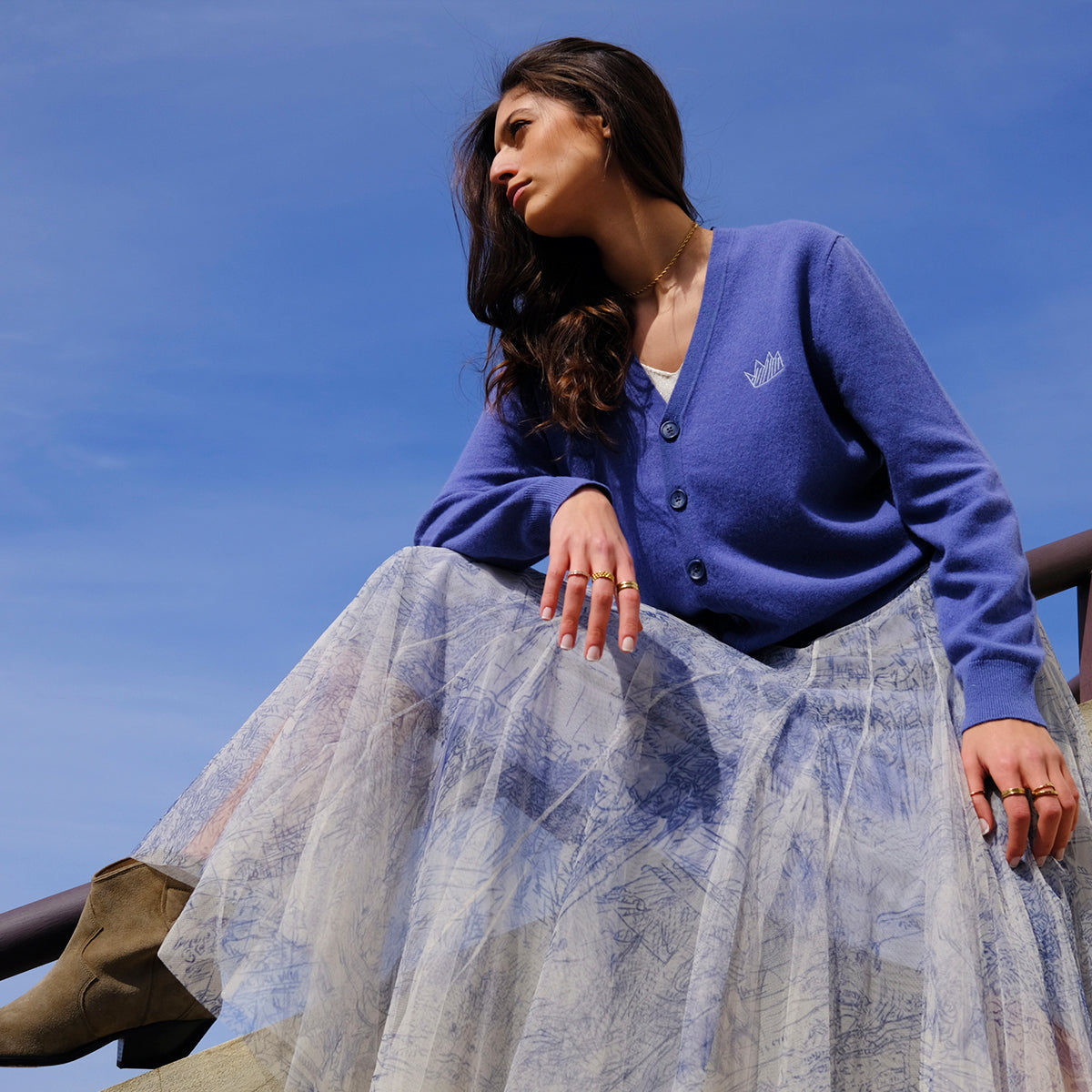 UNISEX MINI CROWN CARDIGAN, DENIM BLUE