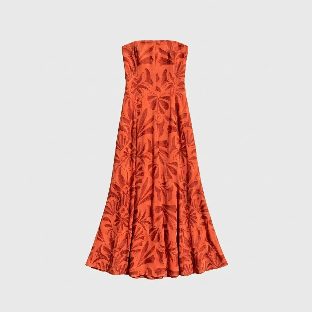 SIENNA TERRACOTTA STRAPLESS FLOWER EMBROIDERY DRESS