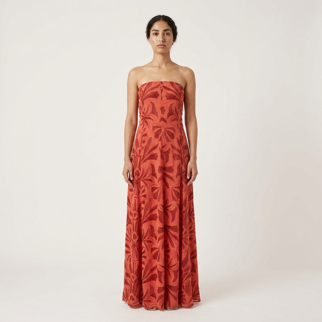 SIENNA TERRACOTTA STRAPLESS FLOWER EMBROIDERY DRESS